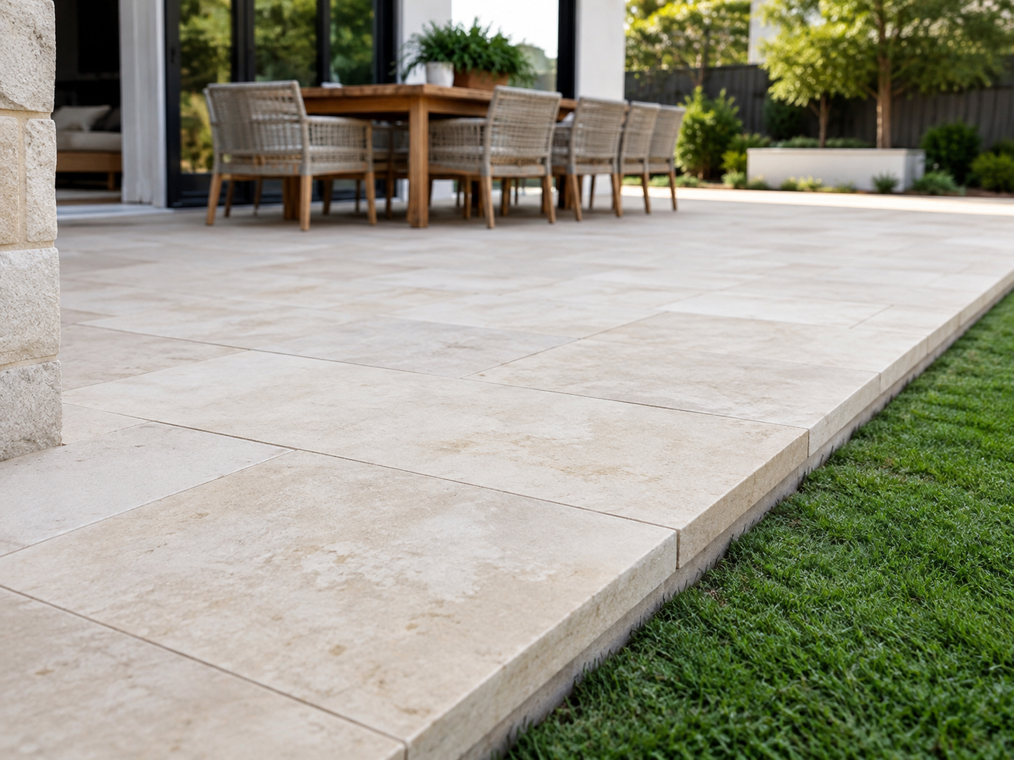 Limestone pavers laid over an existing concrete patio with a raised edge detail