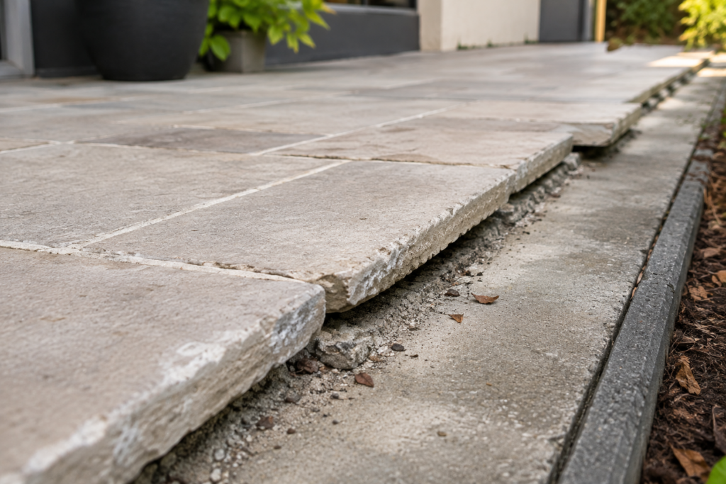 Lifted natural stone pavers exposing the concrete slab beneath where the overlay edge has failed.