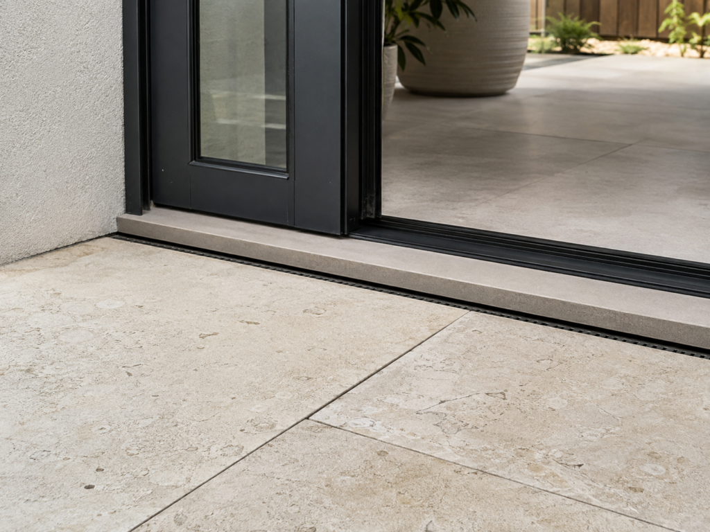 Stone paving over concrete finishing below a doorway threshold with a drainage gap
