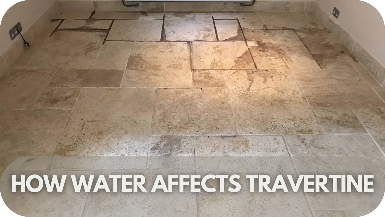 Visual representation of how water affects travertine, showcasing potential damage and its impact on the stone's durability.