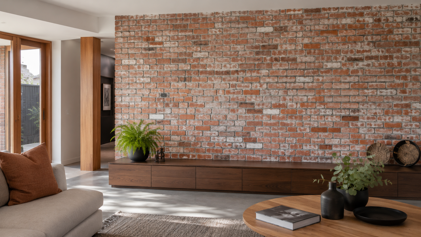 Reclaimed brick cladding feature wall in a modern Australian living room