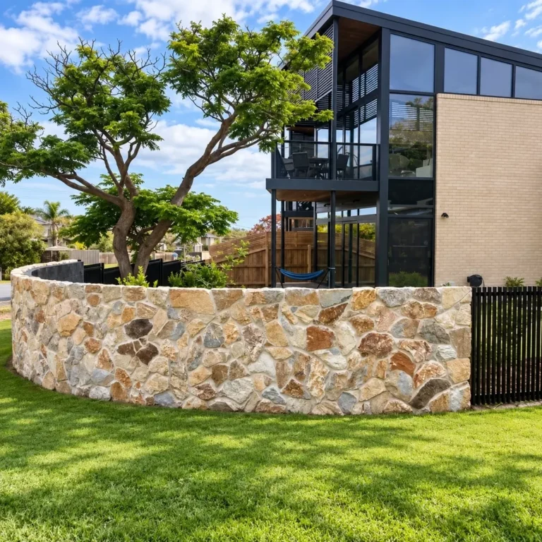 Curved natural stone garden wall in cream, beige and grey tones outside a contemporary two-storey home with landscaped lawn.