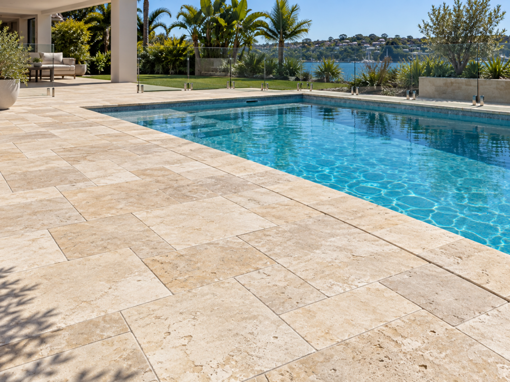 French pattern travertine pool surround with matching drop-edge coping
